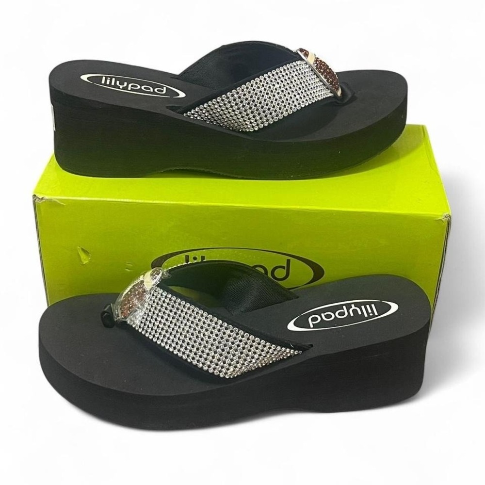 Black and silver y2k football mom wedge sandals with rhinestone detail